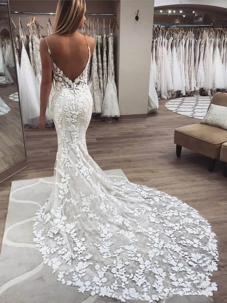 Mermaid Spaghetti Straps V-neck Lace Appliques Long Wedding Dresses, WD0473