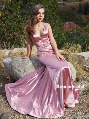 Mermaid Spaghetti Straps V-neck Long Satin Prom Dresses, PD0828