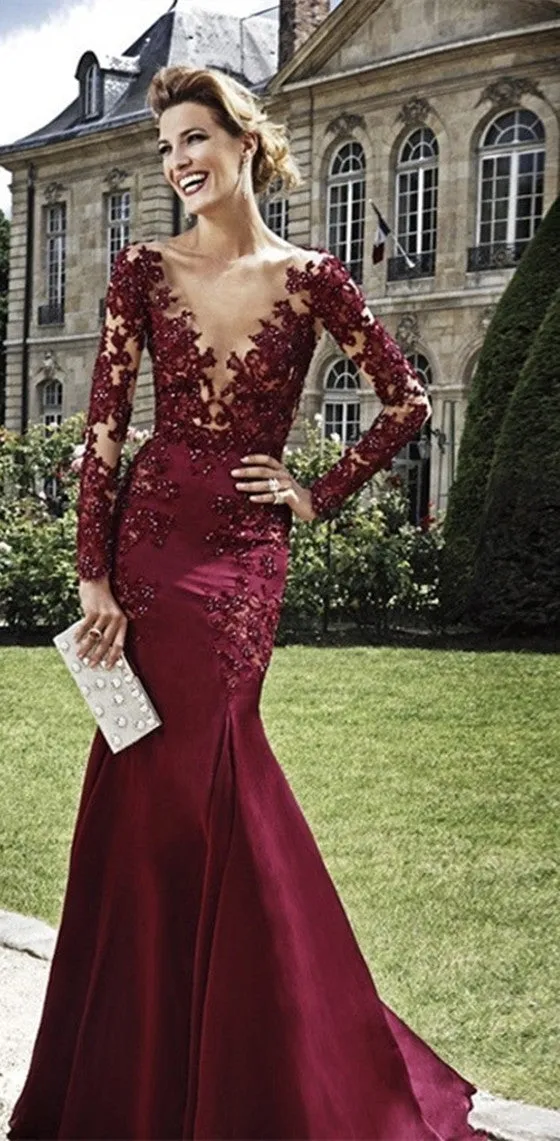 Mermaid V-neck Long Sleeves Appliques Beading Prom Dresses, PD0661