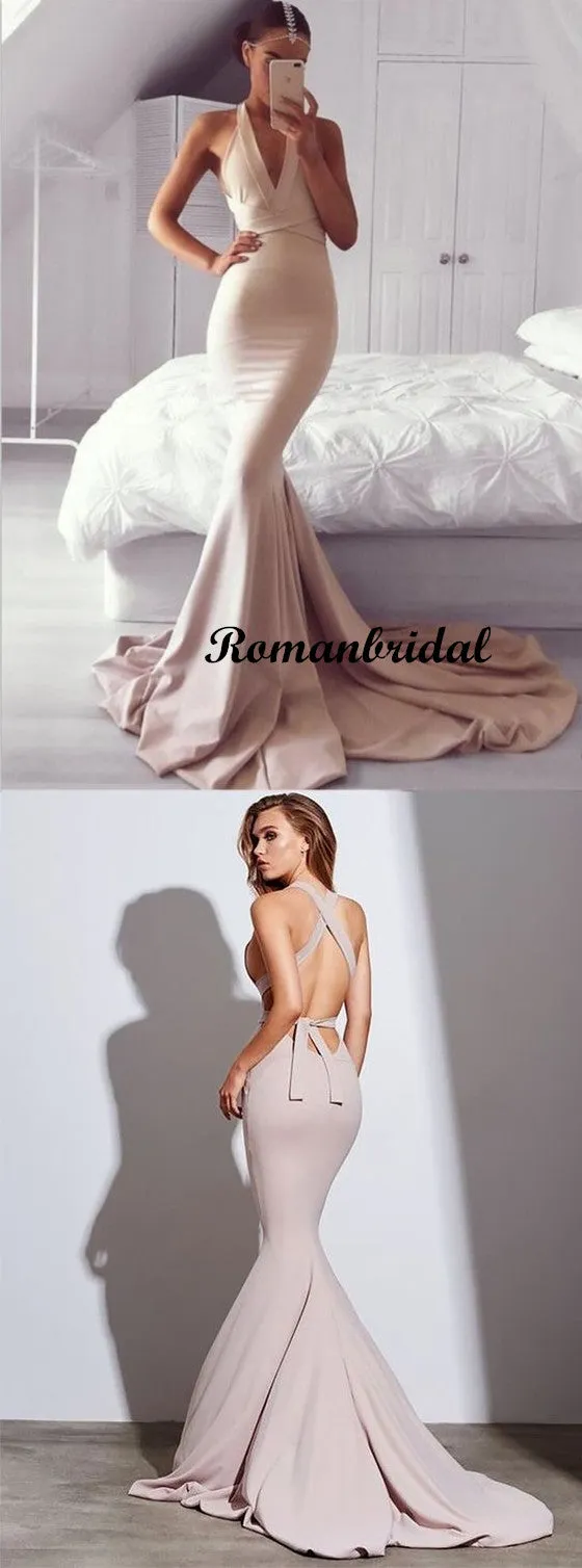 Mermaid V-neck Sleeveless Long Backless Prom Dress With Train, PD0621