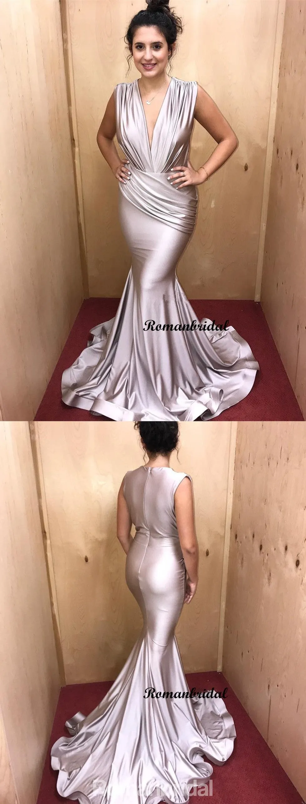Mermaid V-neck Sleeveless Long Prom Dress With Pleats, PD0619