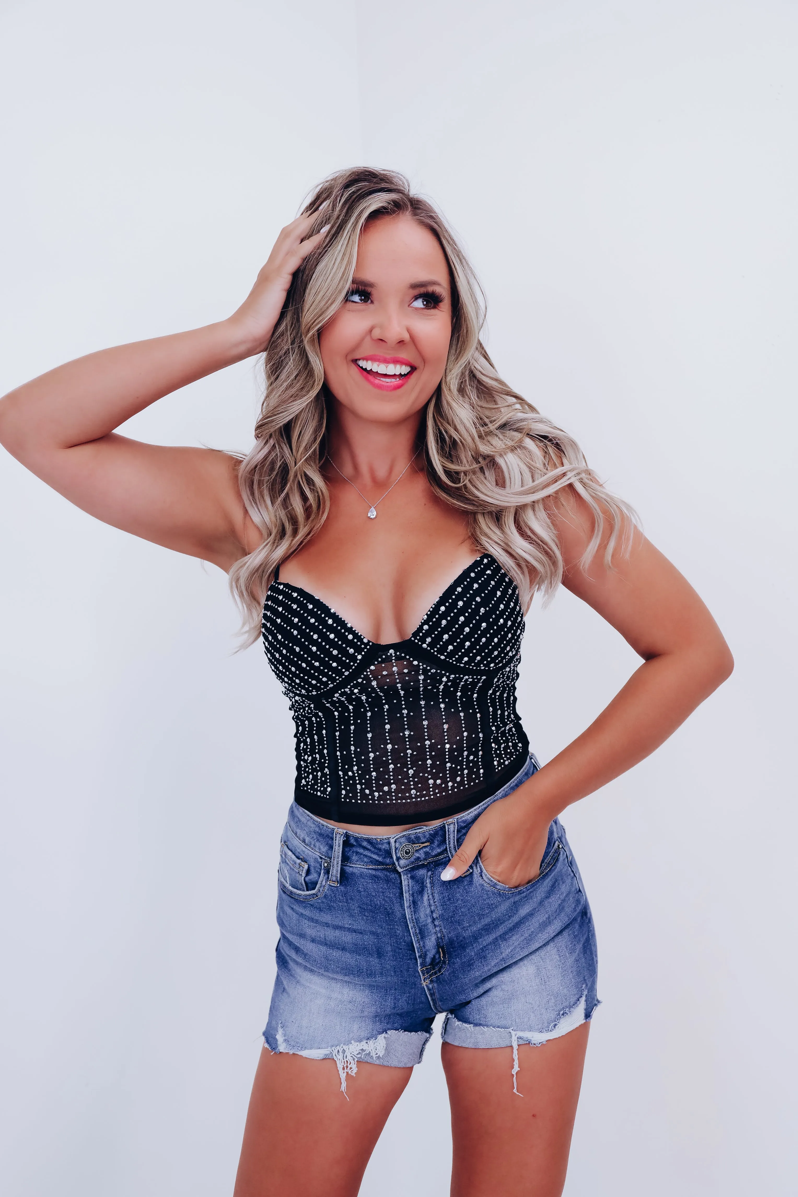 Minooka  Mesh Rhinestone Crop Top - Black