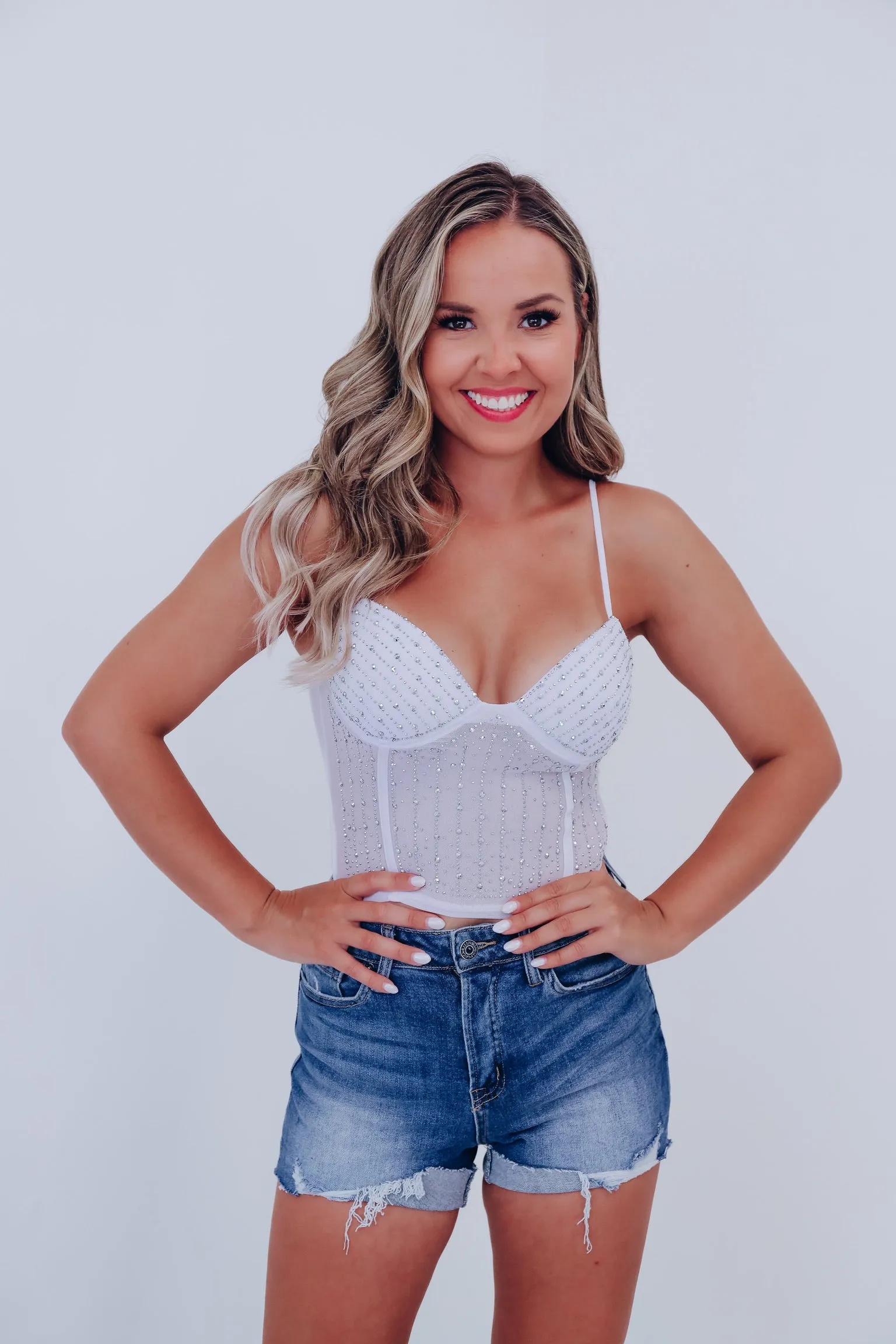 Minooka Mesh Rhinestone Crop Top - White