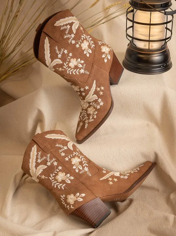 Miranda Floral Embroidered Western Cowboy Booties - Cocoa