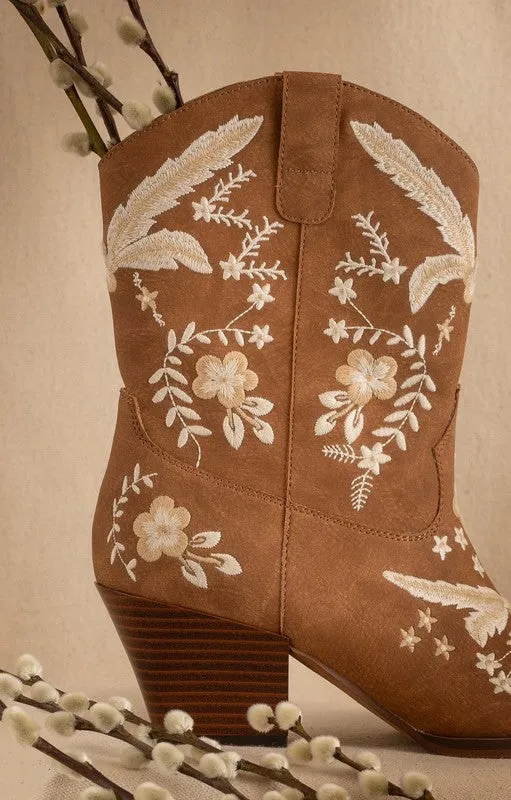 Miranda Floral Embroidered Western Cowboy Booties - Cocoa