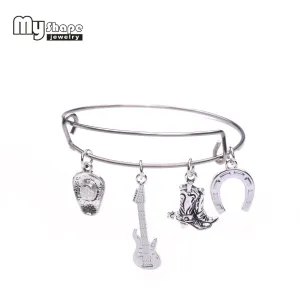 my shape Country Girl Cowgirl Style Jewelry Stainless Steel Adjustable Wire Bangle With Cowboy Boots & Guitar Charms Bracelet