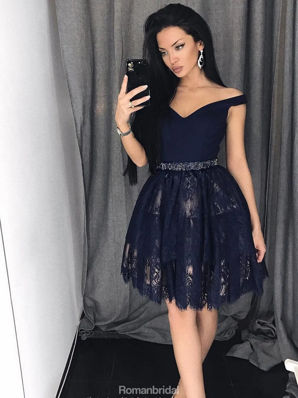 New Arrival Off-shoulder Lace Skirt Beading Short Homecoming Dresses, HD0480