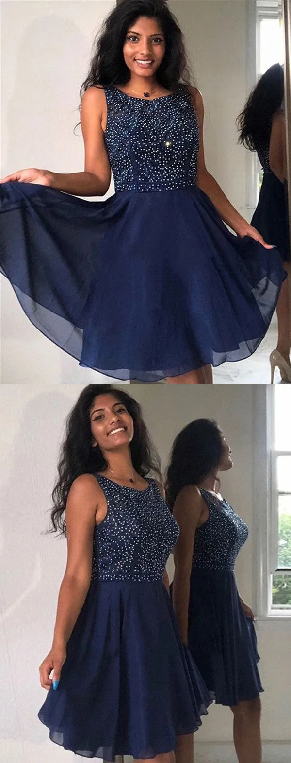 Newest A-line Beading Top Navy Blue Chiffon Homecoming Dresses, HD0520