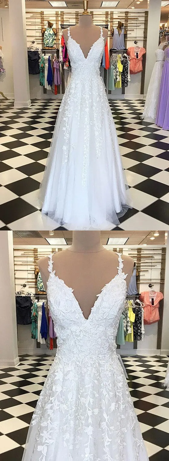 Newest A-line Floor-length Lace Appliques Spaghetti Straps Tulle Prom Dresses, PD0565