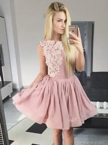 Newest A-Line Pink Appliques Sleeveless Party Dresses, Short Homecoming Dress, HD0412