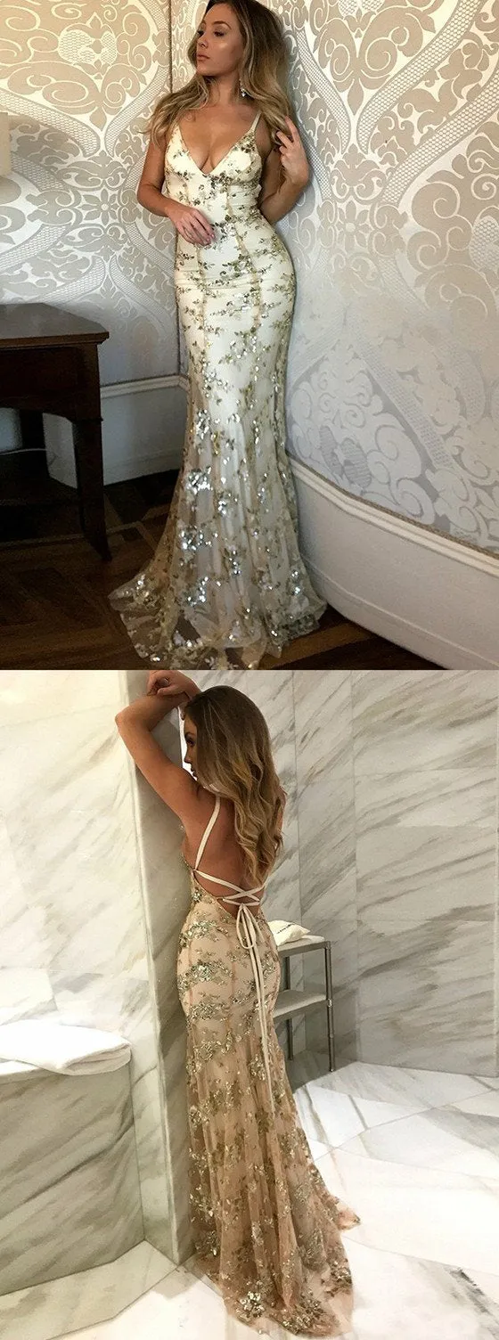 Newest Mermaid Spaghetti Straps Tulle With Sequins Long Prom Dress, PD0137