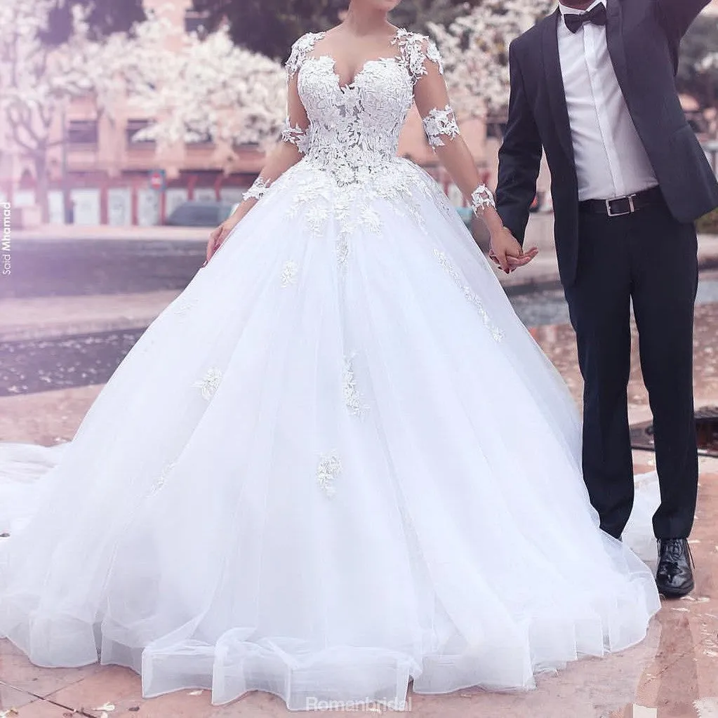 Newest Sweetheart Princess Lace Appliques Long Sleeves Wedding Dresses, WD0397