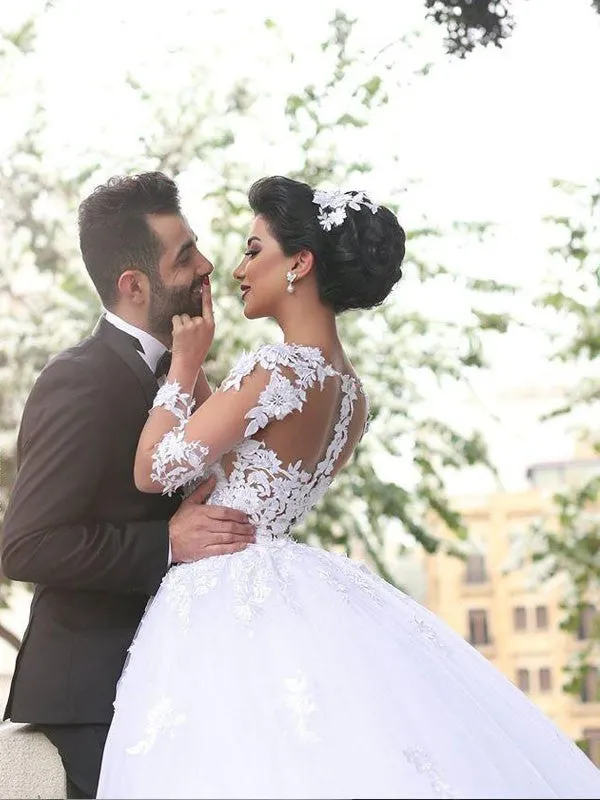 Newest Sweetheart Princess Lace Appliques Long Sleeves Wedding Dresses, WD0397