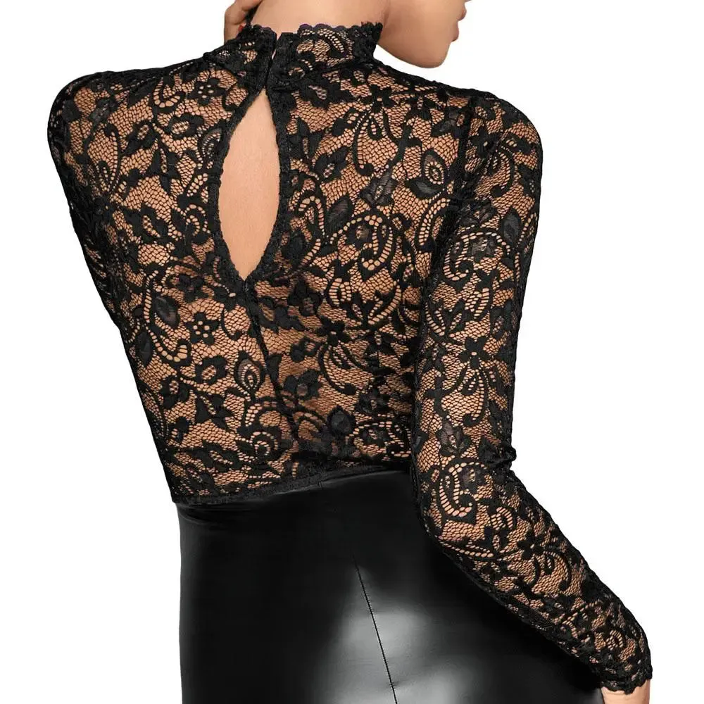 Noir Black Lace and Wet Look Knee-length Long-sleeved Dress
