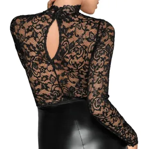 Noir Black Lace and Wet Look Knee-length Long-sleeved Dress