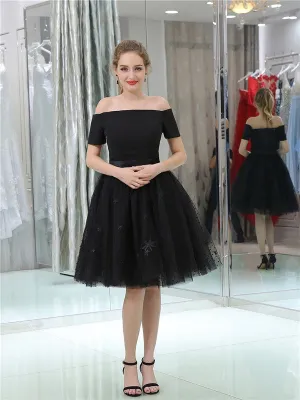 Off-shoulder Short Sleeves Black Tulle Appliques Homecoming Dresses, HD0502