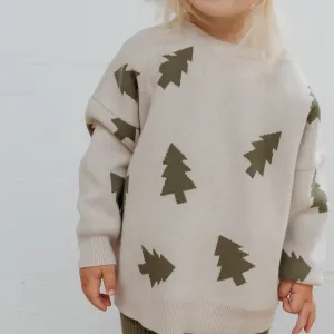 Olive Cotton Knit Tree Print Jumper