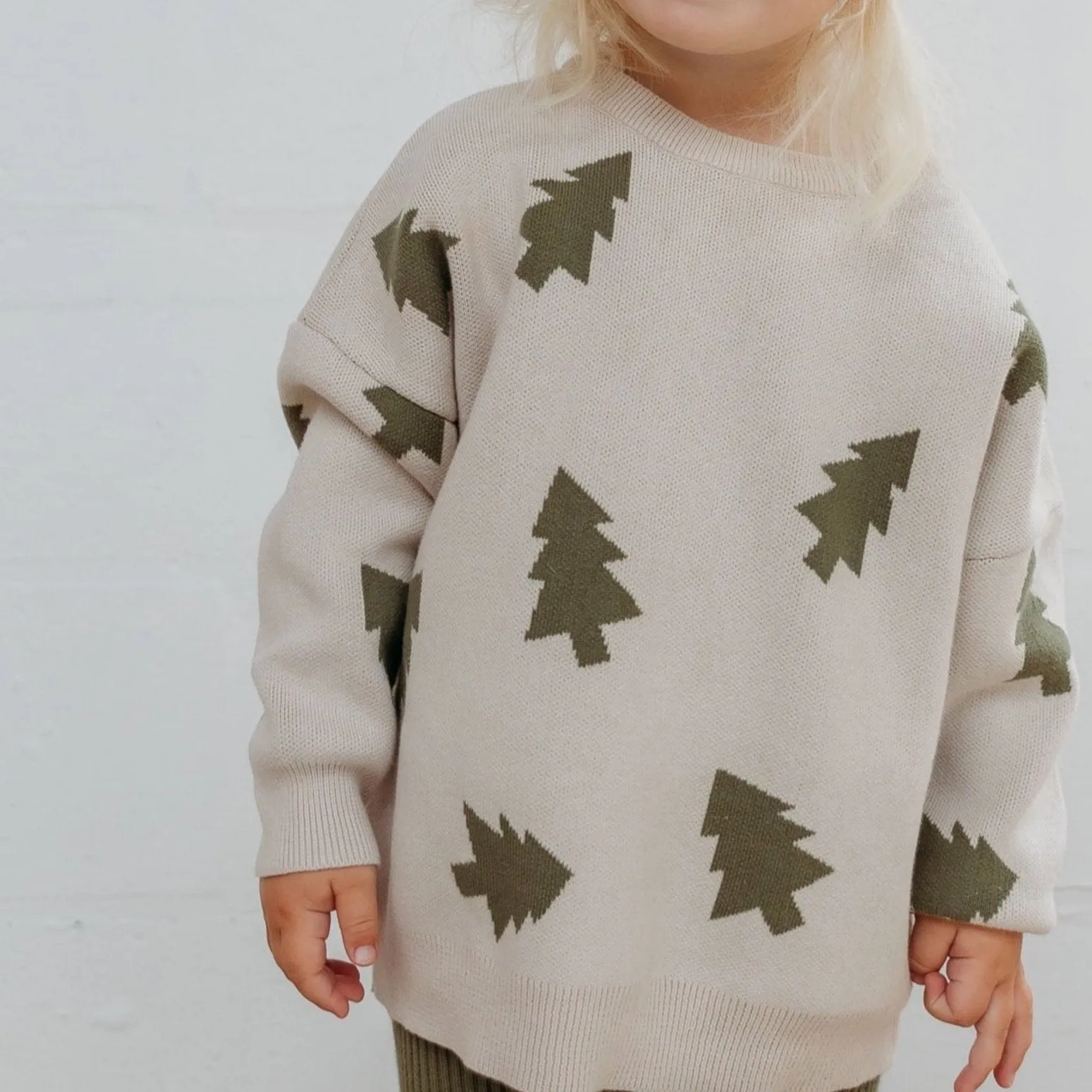 Olive Cotton Knit Tree Print Jumper