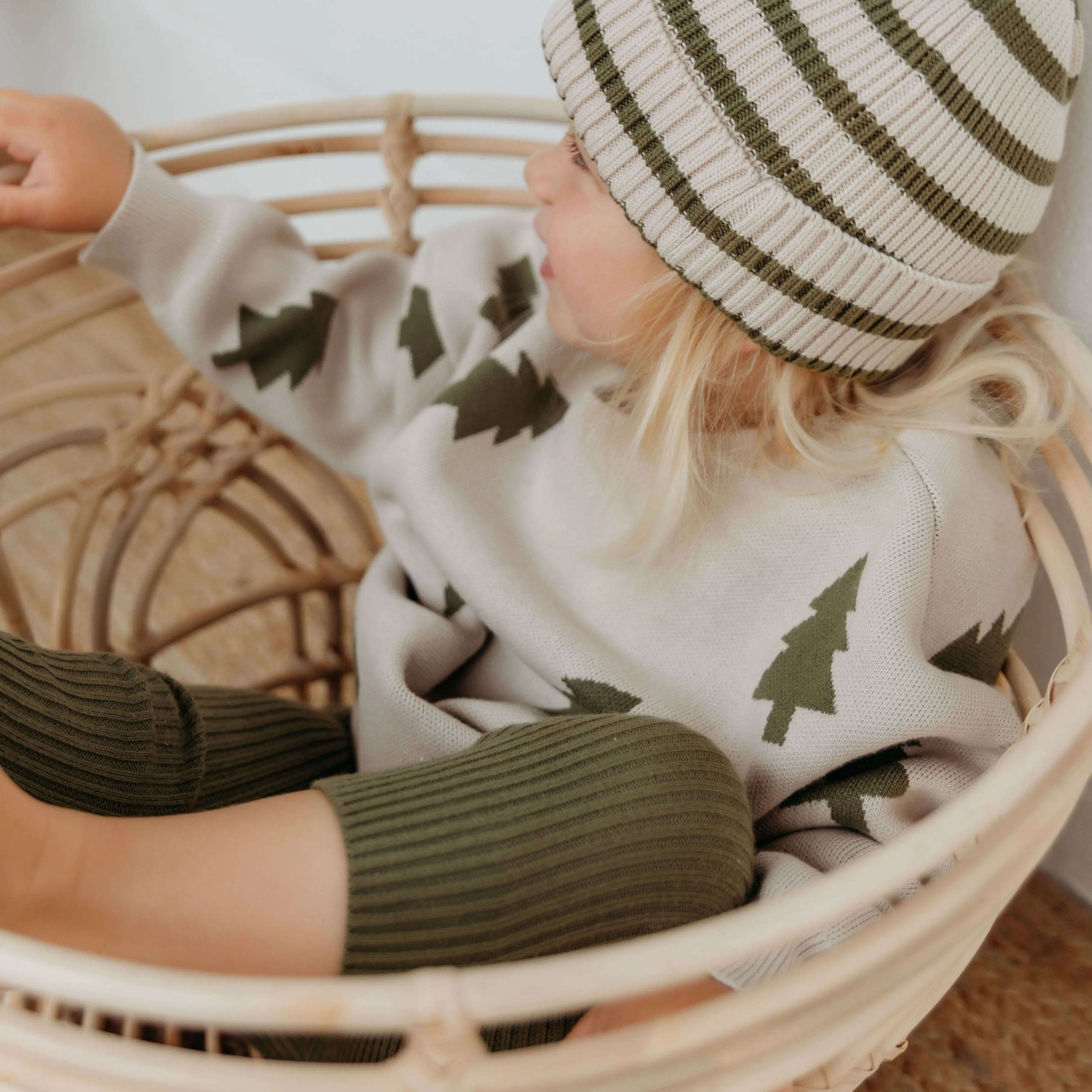 Olive Cotton Knit Tree Print Jumper