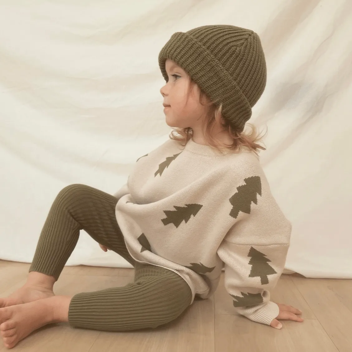 Olive Cotton Knit Tree Print Jumper