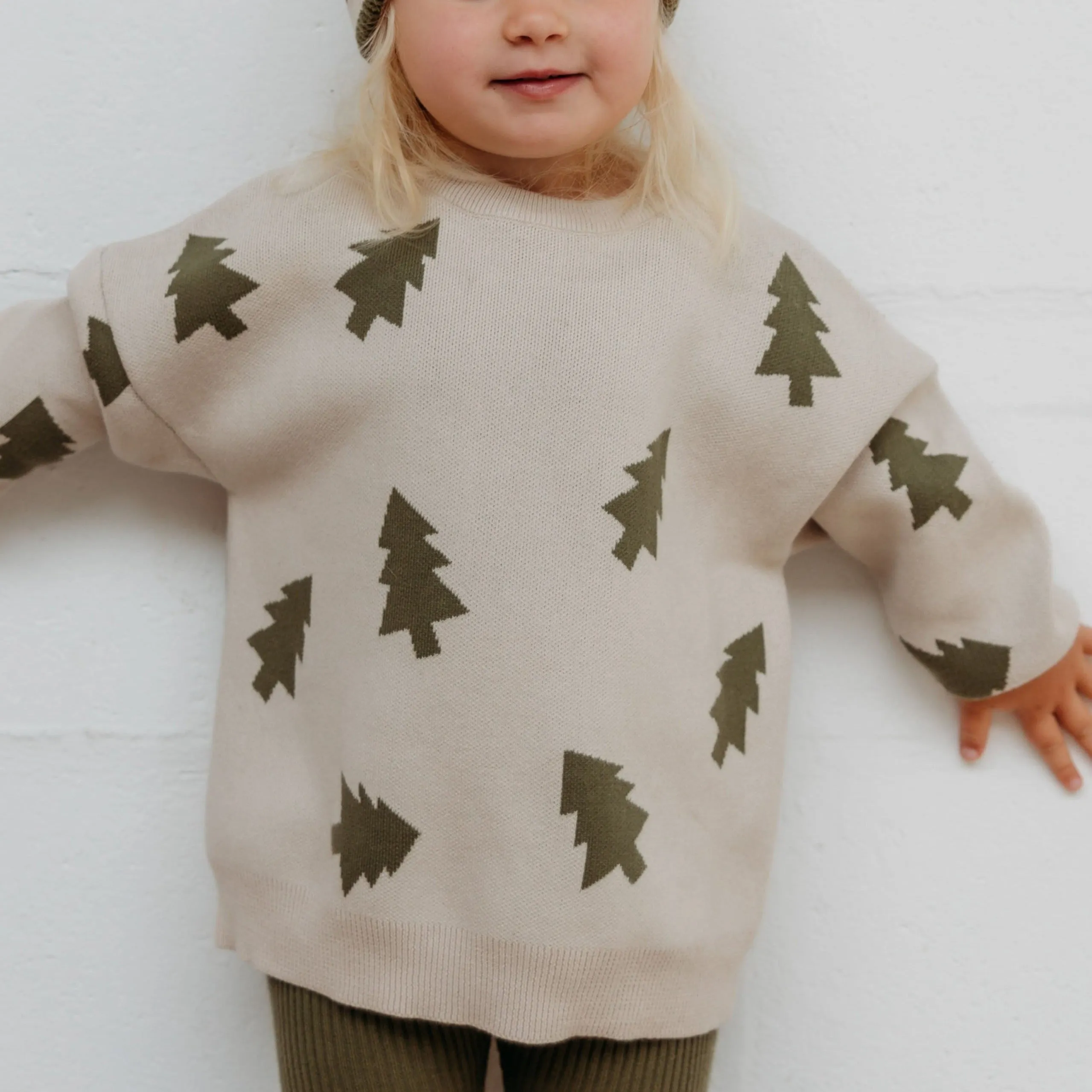 Olive Cotton Knit Tree Print Jumper