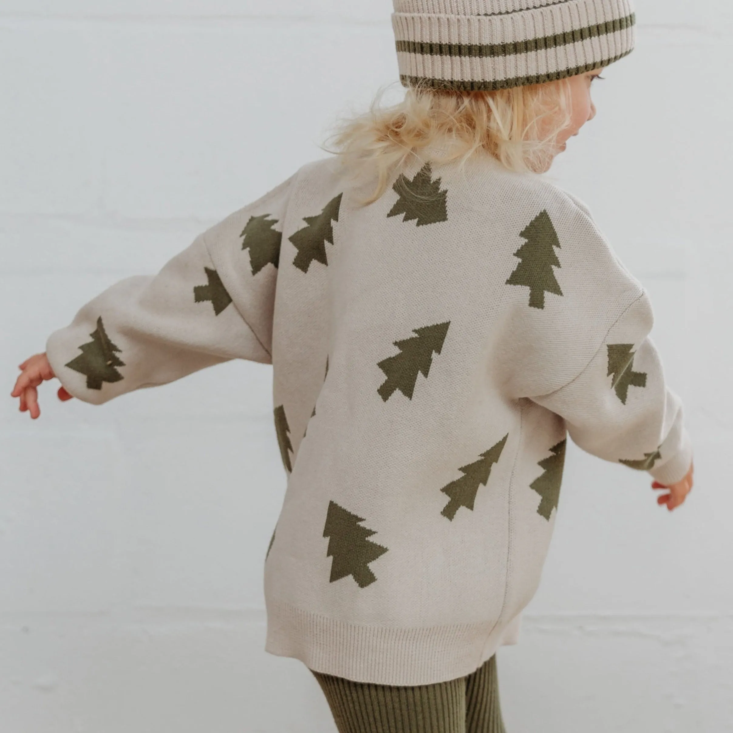 Olive Cotton Knit Tree Print Jumper