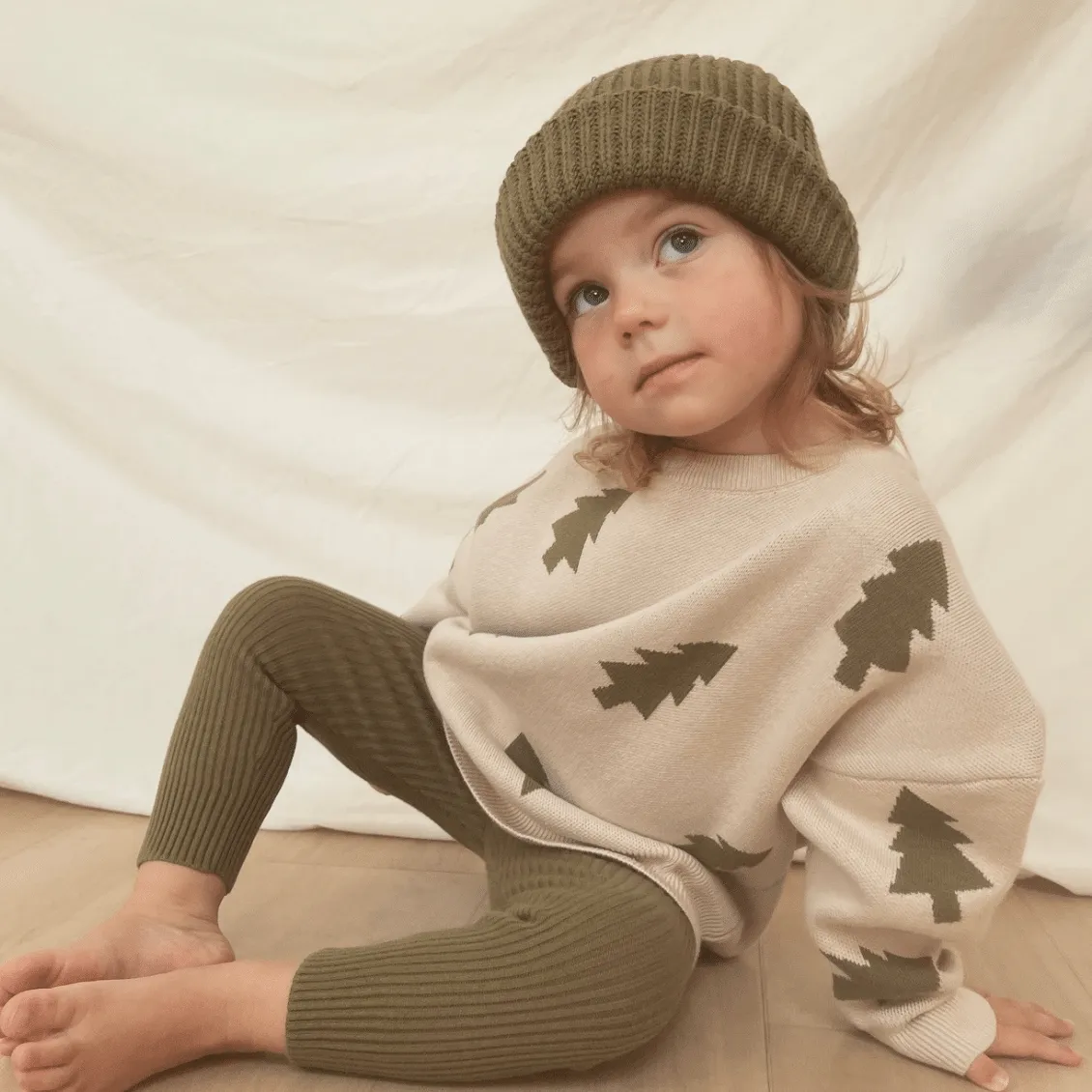 Olive Cotton Knit Tree Print Jumper