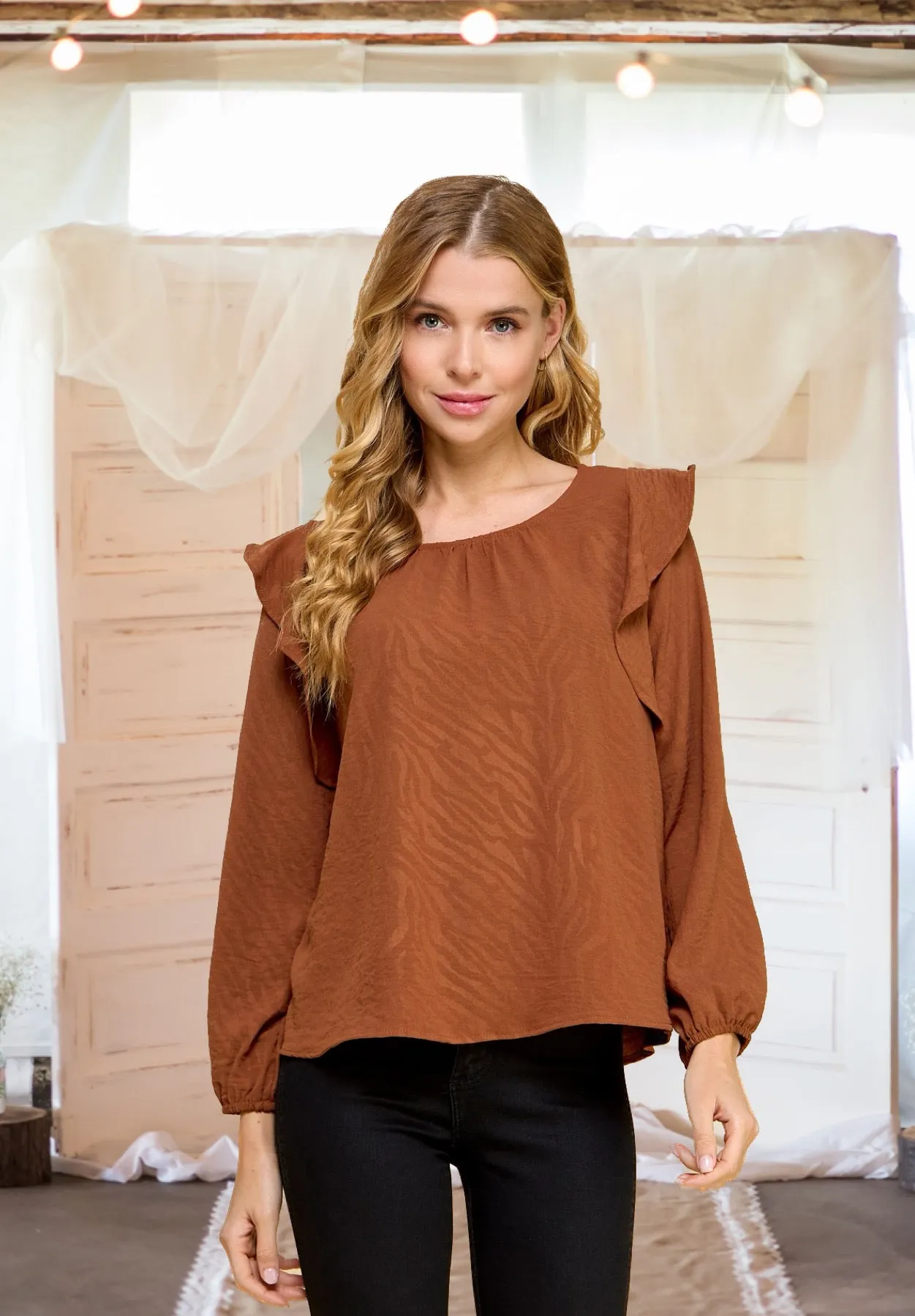 On the Move Embossed Print Top in Chocolate