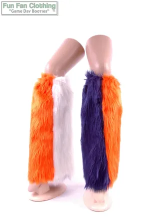 Orange, Navy & White Faux Fur Leg Warmers Tricolor - Game Day Booties - Sports Leg Warmers