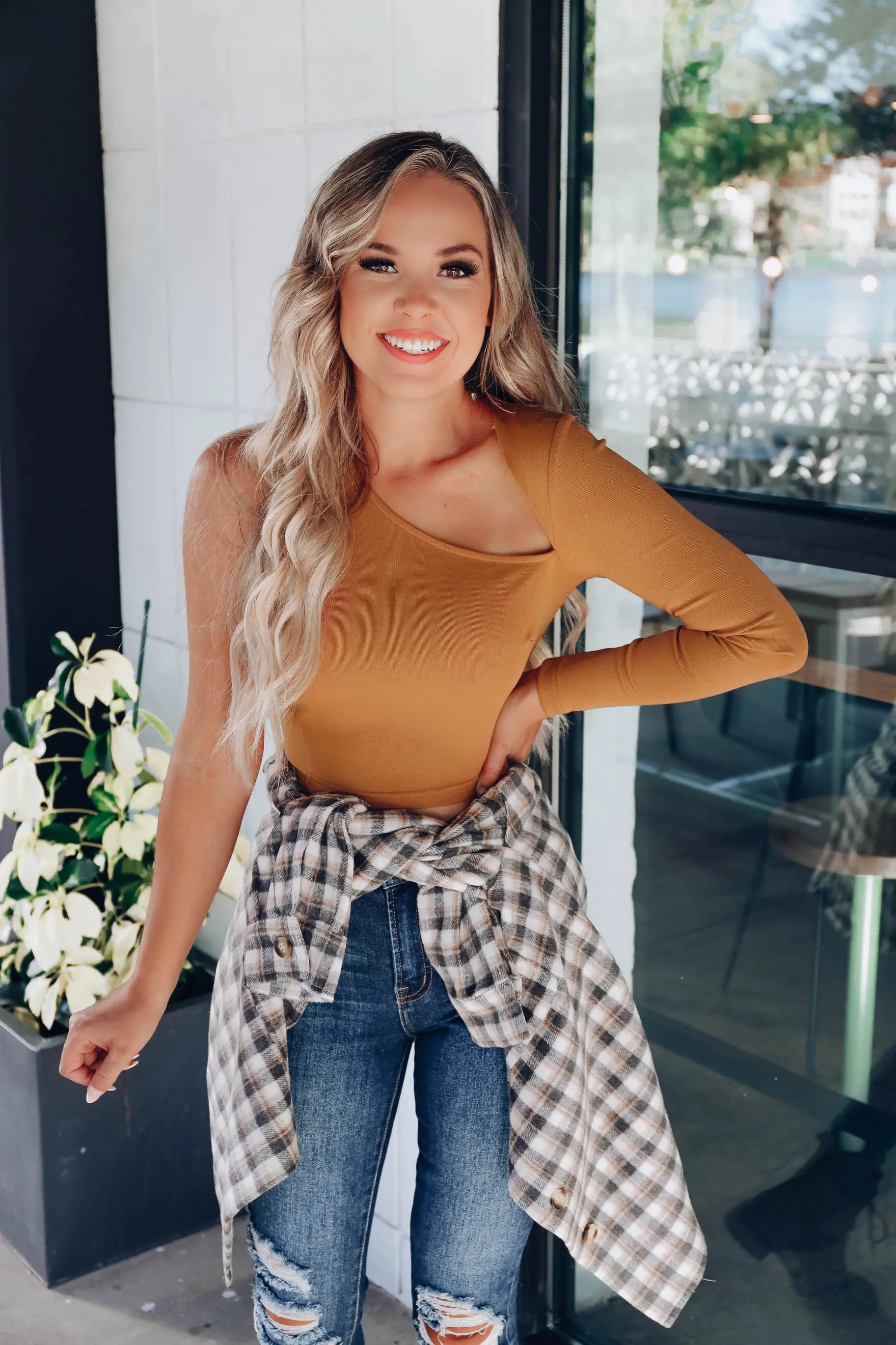 Over the Edge One-Shoulder Top - Camel