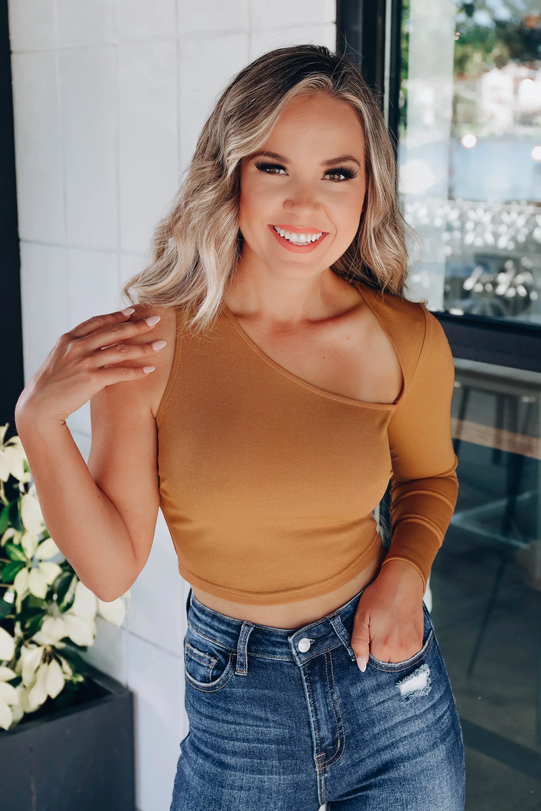 Over the Edge One-Shoulder Top - Camel