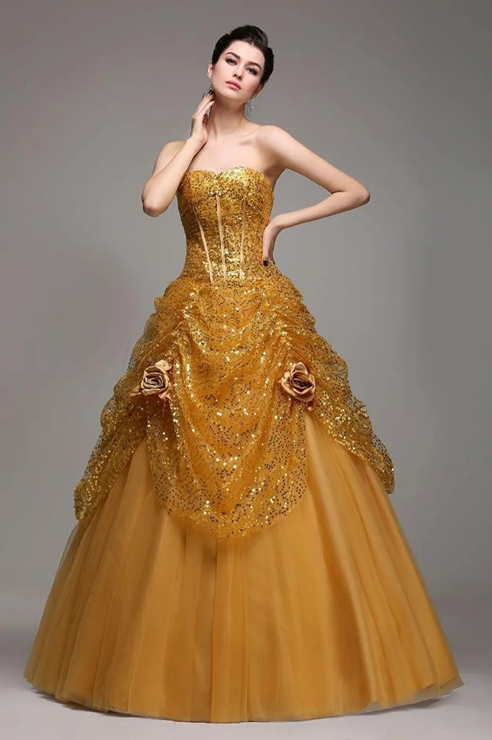 Pageant Quinceanera Gold Sequined Dress
