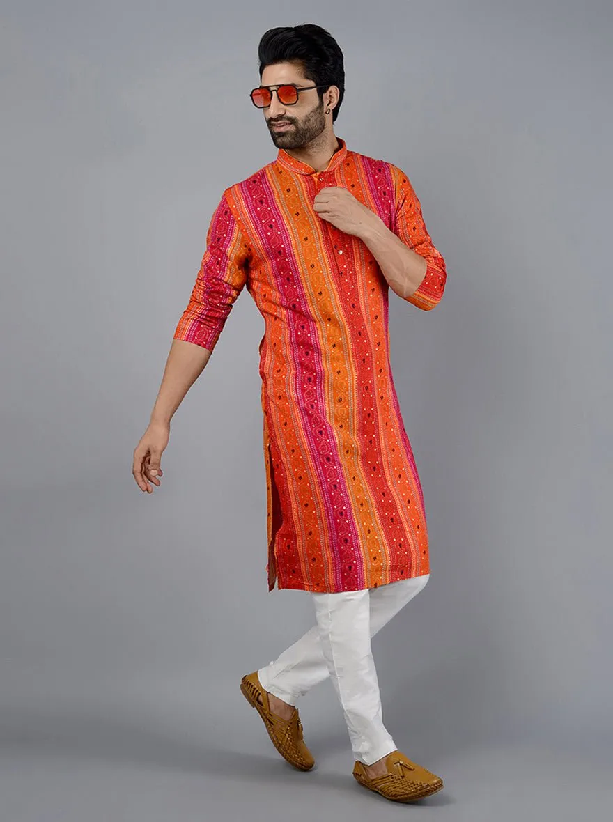 Pink & Orange Printed Cotton Blend Kurta | The Kurta Company