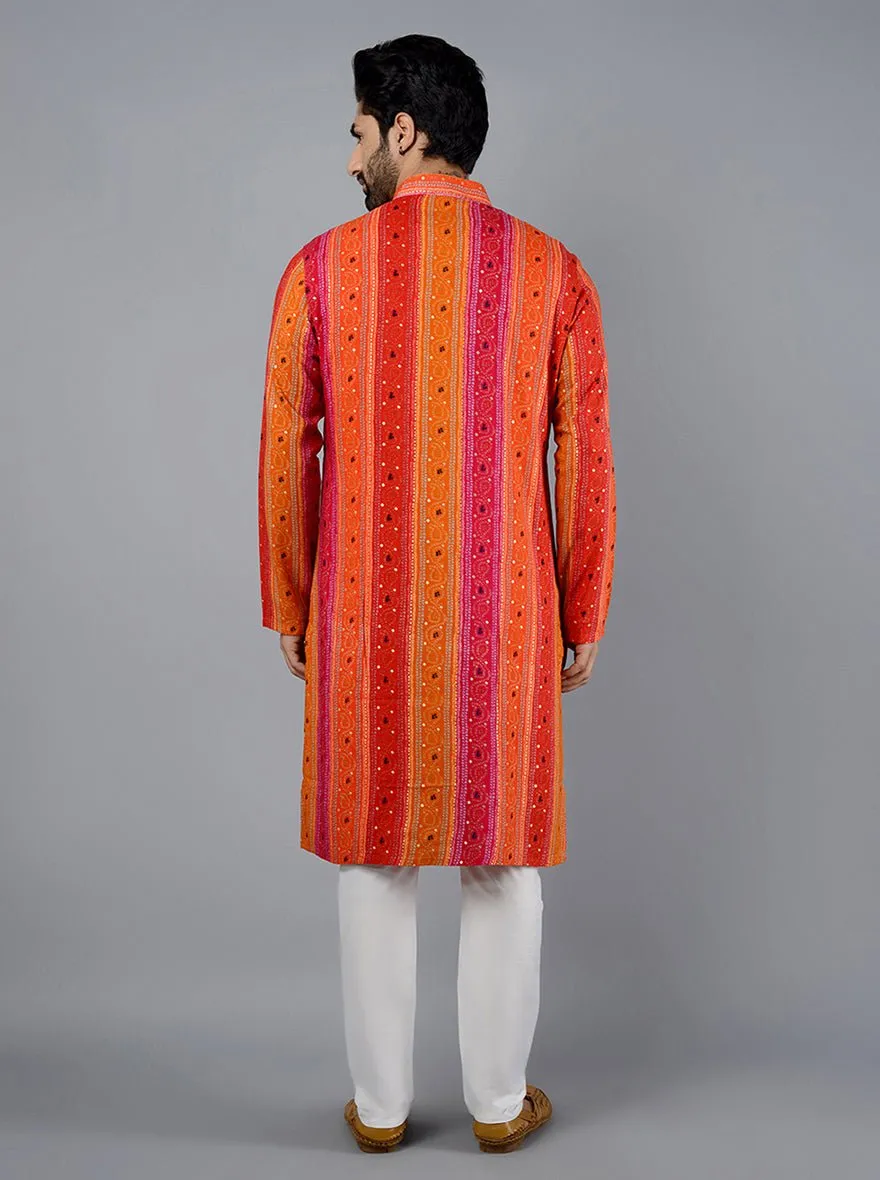 Pink & Orange Printed Cotton Blend Kurta | The Kurta Company