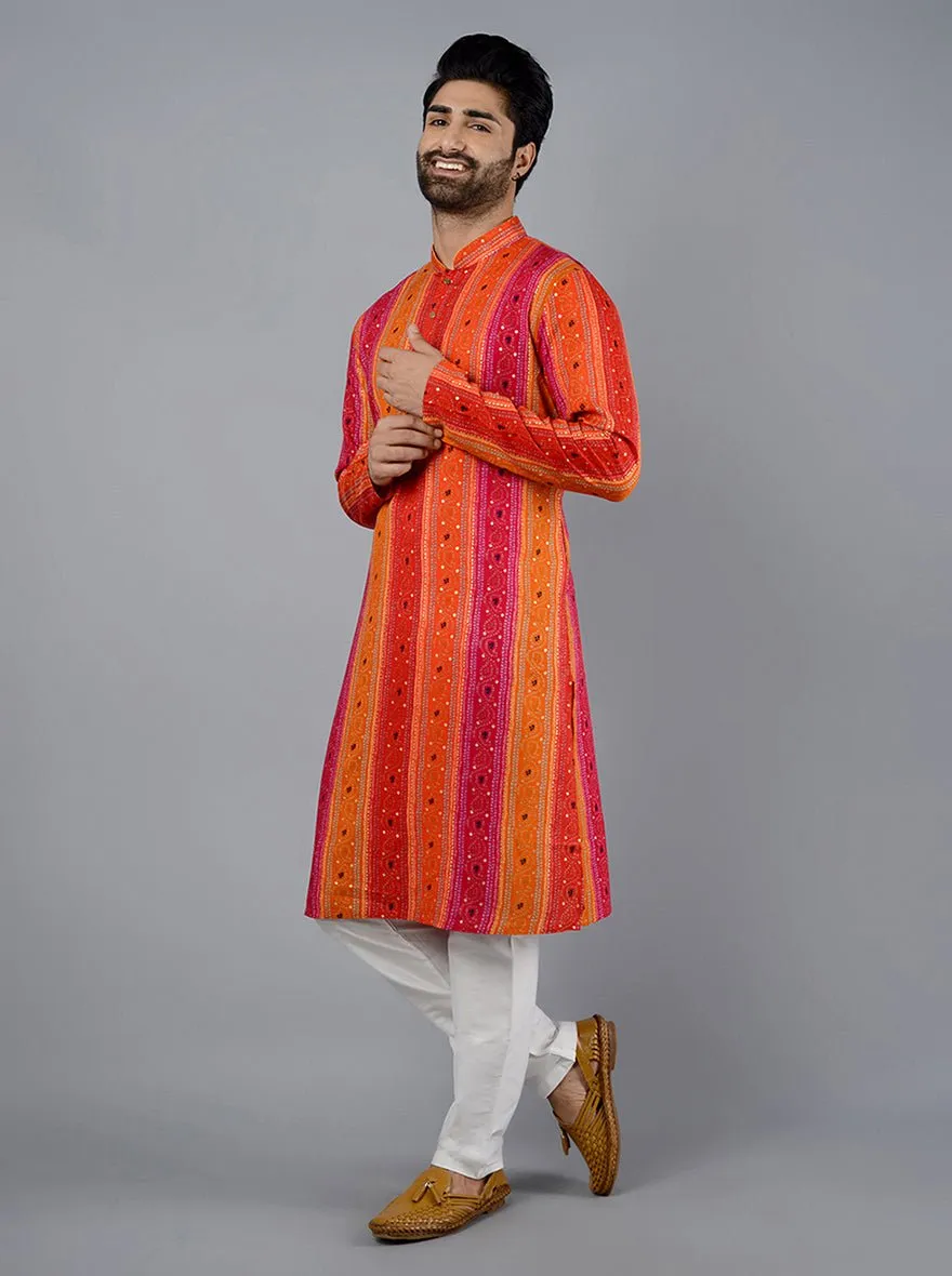 Pink & Orange Printed Cotton Blend Kurta | The Kurta Company