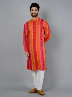 Pink & Orange Printed Cotton Blend Kurta | The Kurta Company