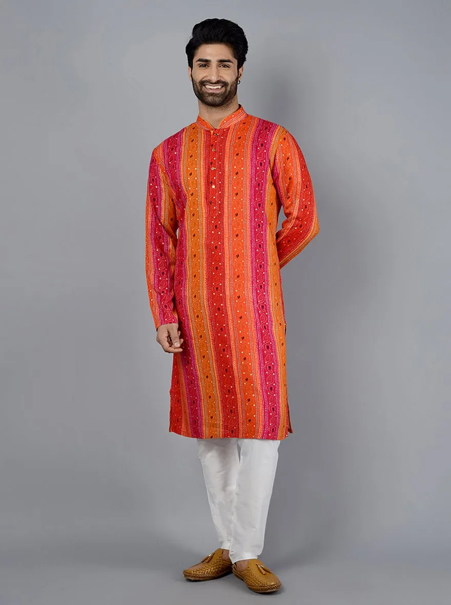 Pink & Orange Printed Cotton Blend Kurta | The Kurta Company