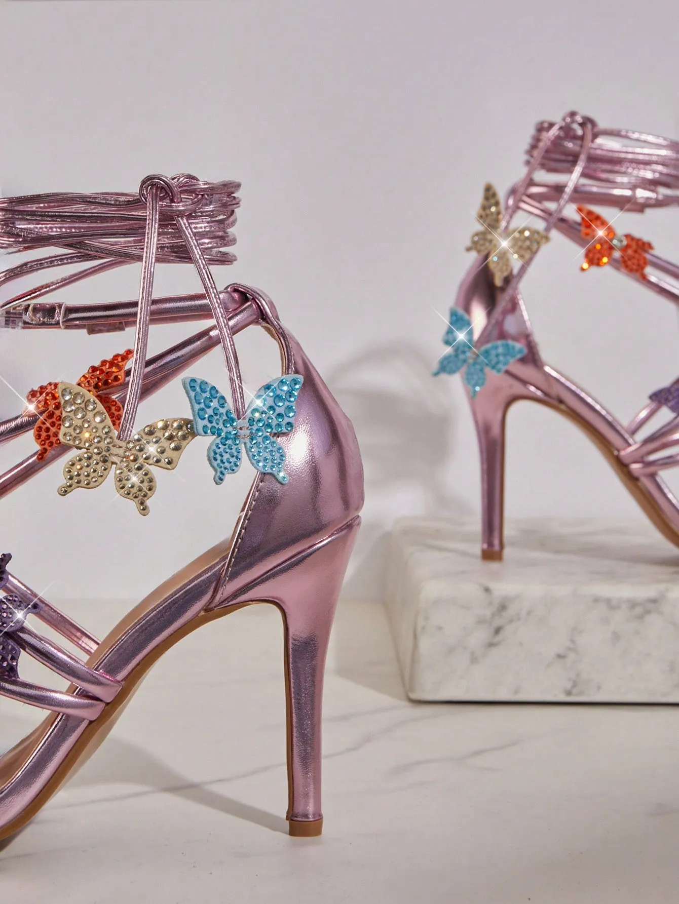 Pink Lace-Up Heeled Sandals With Colorful Rhinestone Butterflies