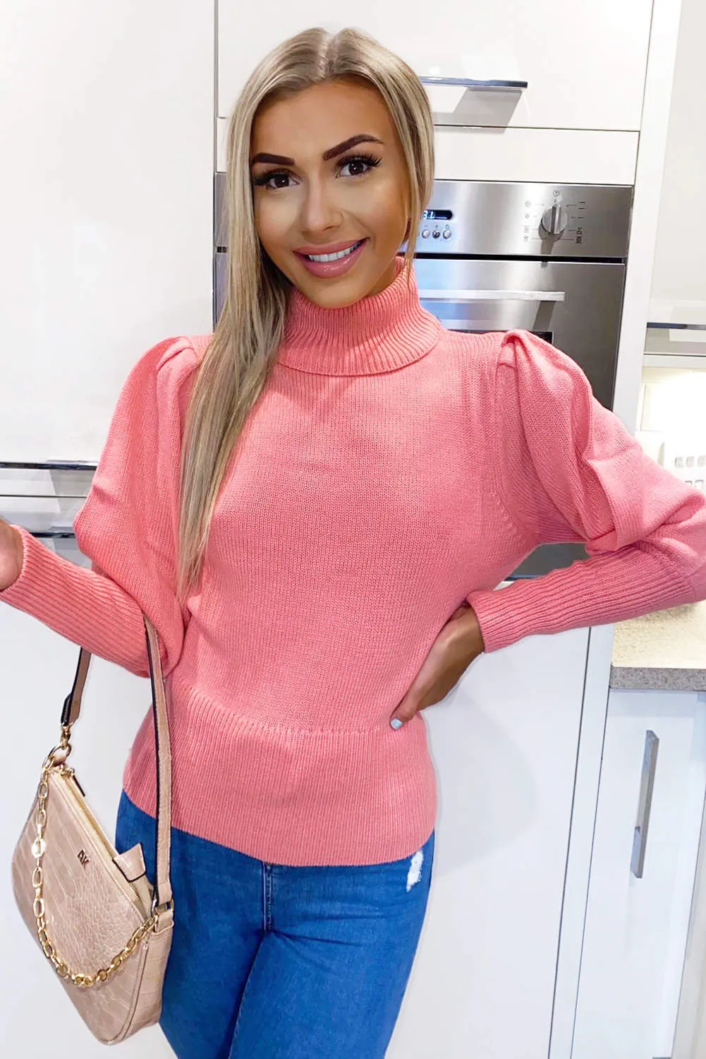 Pink Puff Sleeve Roll Neck Jumper
