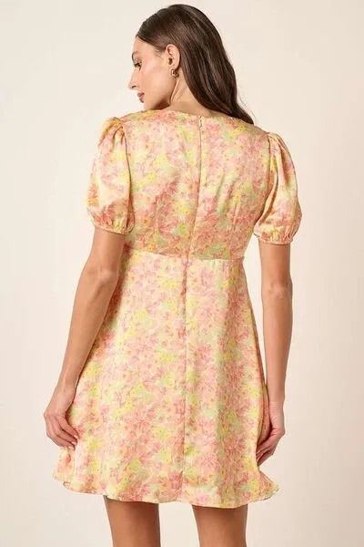 Printed V-Neck Puff Sleeve Mini Dress