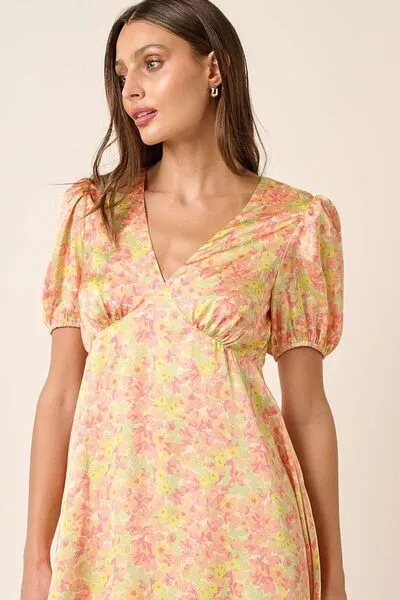 Printed V-Neck Puff Sleeve Mini Dress