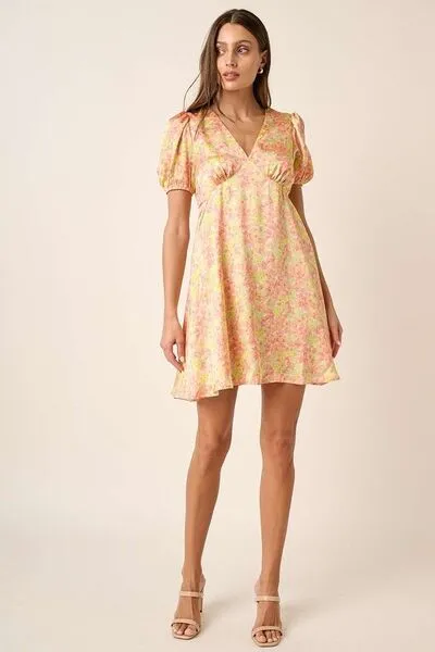 Printed V-Neck Puff Sleeve Mini Dress
