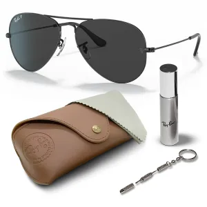 Ray-Ban RB3025 Classic Total Black Collection Polarized Aviator Shape Sunglasses With Eyewear Kit Bundle - Adjustable Nose Pads - Casual Wear Retro Sunglasses