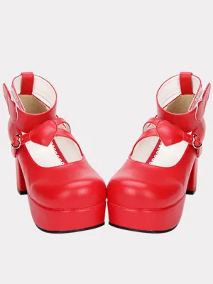 Red Lolita Chunky Pony Heels Shoes Platform Ankle Strap Heart Shape Decor Buckle Round Toe
