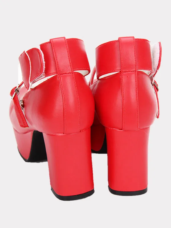 Red Lolita Chunky Pony Heels Shoes Platform Ankle Strap Heart Shape Decor Buckle Round Toe