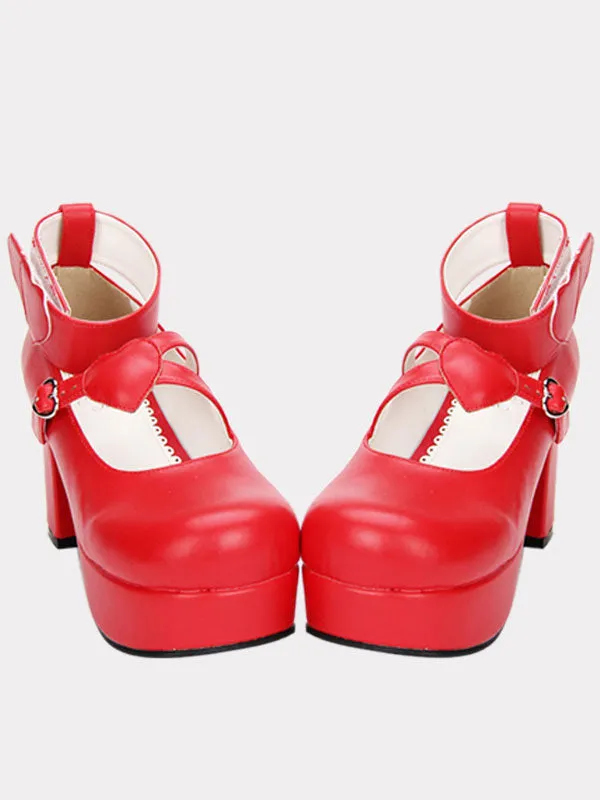 Red Lolita Chunky Pony Heels Shoes Platform Ankle Strap Heart Shape Decor Buckle Round Toe