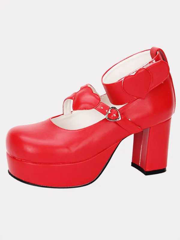 Red Lolita Chunky Pony Heels Shoes Platform Ankle Strap Heart Shape Decor Buckle Round Toe