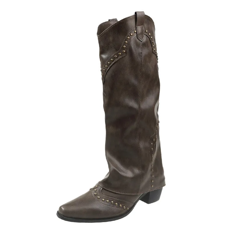 Retro Rivet High Pants Boots  Style Female Boots Versatile Western Cowboy Boot Knight Boots Small Boots