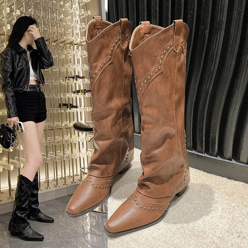 Retro Rivet High Pants Boots  Style Female Boots Versatile Western Cowboy Boot Knight Boots Small Boots