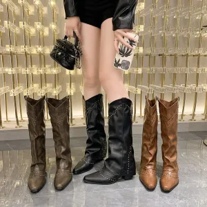 Retro Rivet High Pants Boots  Style Female Boots Versatile Western Cowboy Boot Knight Boots Small Boots